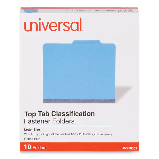 Classification Folders Letter Size 6 Section, 2 Dividers, Cobalt Blue Pressboard, Top Tab, 10/Box